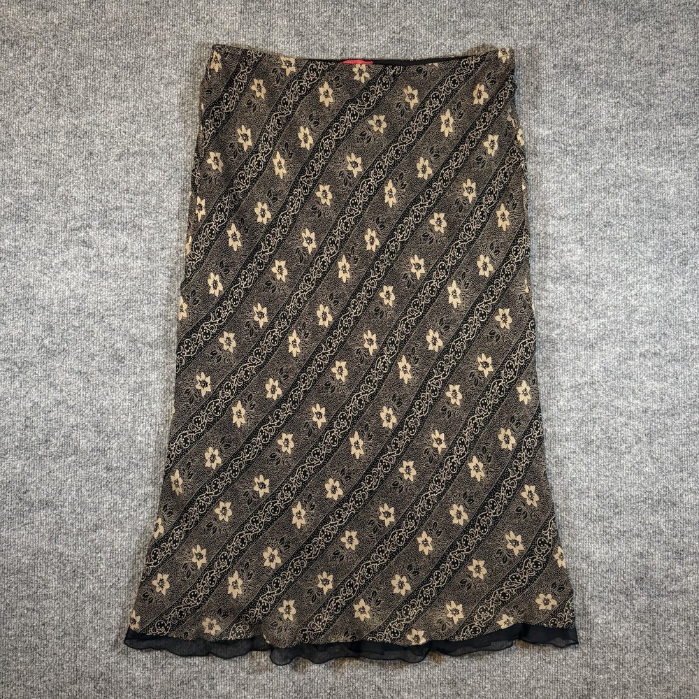 Vintage Sunny Leigh Womens XL Silk Midi Skirt Black Tan Floral Paisley Pencil